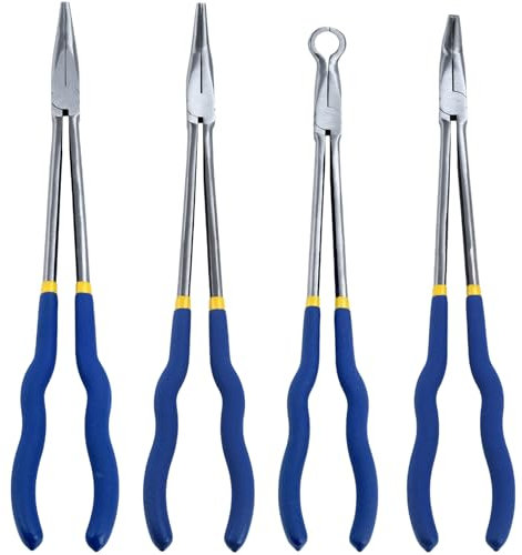Professional Long Reach Pliers Set 16 Inch Multi Purpose Long Nose Pliers with Straight, 25°/45°/90° Bent Head & O-Shape Tips, Durable Steel Construction for Automotive, Electrical, Plumbing(4PCS B)