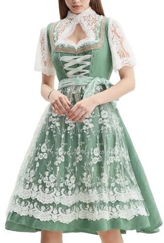 Yageshark Dirndl Damen Midi Trachtenkleid Dirndlkleid mit Bluse Dirndlschürze 3-teilig Grün für Oktoberfest Festliche Anlässe (Grün,38)