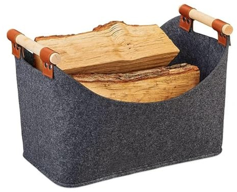 GSCLZ Felt Basket Firewood Box With Wooden Handles Foldable Wood Basket For Firewood Wood Clothes Storage Basket