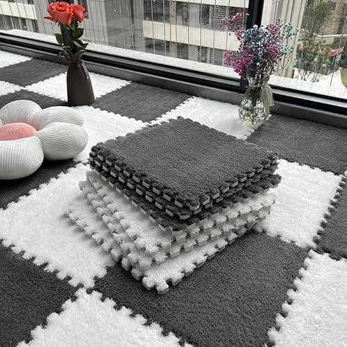 Set mit 10 Plüsch-Schaumstoff-Spielmatten - Quadratische, langhaarige Bodenschutzmatte - Puzzle für Spielzimmer - 30 x 30 x 1 cm - Grau und Weiß