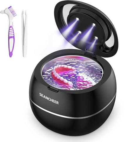 SEANCHEER Ultrasonic Cleaner 48kHz 180ML with U-V Light | Ultrasonic Retainer Cleaner Machine for | Retainer | Aligner | Denture | Night Guard | Jewelry | (Black)