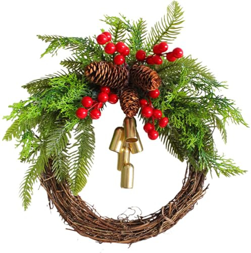 Weihnachtskranz Mit Glocken：34Cm KüNstlicher Deko Kranz TüRkranz Weihnachten Modern FüR HaustüR Und Wandfestliche Boho Kranz Mit Beeren Und Tannenzapfen Weihnachtsdekoration