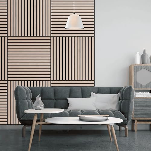 Akustikpaneele HOLZ 1,44m² - 4 Stück je 60 x 60 x 2,1 cm, Schallschutzplatten Slat Wall Akustikplatten, Schallisolierung Acoustic Absorber Panel für Büro Haus - Eiche Hell