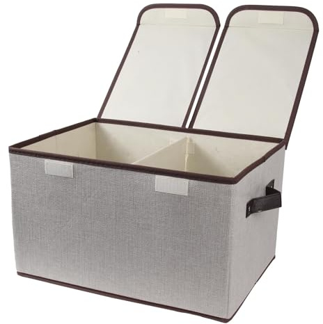 Tcbelosion Foldable Fabric Storage Box, 16.5 x 11.8 x 9.8 inches (L x W x H), with Double-Lid & Dividers, Large Organizer for Home, Closet, Office(Grey)