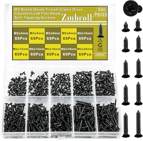 Zmbroll M2 Black Countersunk Head Self-Tapping Screws 650Pcs Phillips Drive Wood Screws Metric Sheet Metal Screws Carbon Steel Micro Electronic Screw Assortment Kit