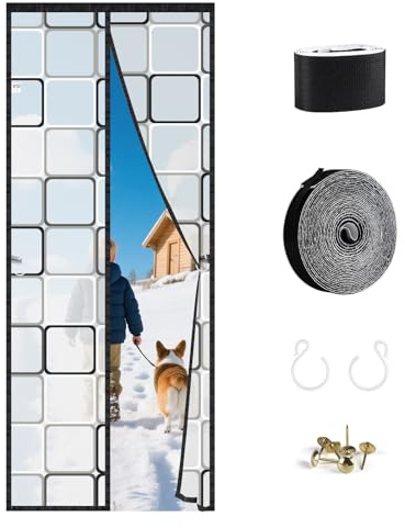 SWAWIS 80x200cm Wärmeschutzvorhang Kälteschutz für Türen Gitter-Stil | Magnet Thermovorhang Tür aus EVA Hergestellt Thermo Türvorhang Kälteschutzvorhang mit Klettverschluss Wasserdicht Winddicht