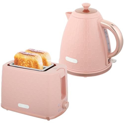 HOMCOM Kettle and Toaster Set 1.7L Jug Kettle 2 Slice Toaster Light Pink | 3000W, Fast Boil, Auto Shut Off, 7 Level Browning Controls, Crumb Tray, UK Otter Thermostat