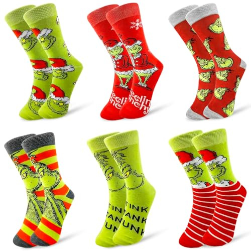 TCRZHHRX Calcetines Grinch Navideños - 6 Pares Anti-Pilling Unisex para Hombre y Mujer (Tallas 37-45 EU) - Regalo Divertido para Fans del Grinch
