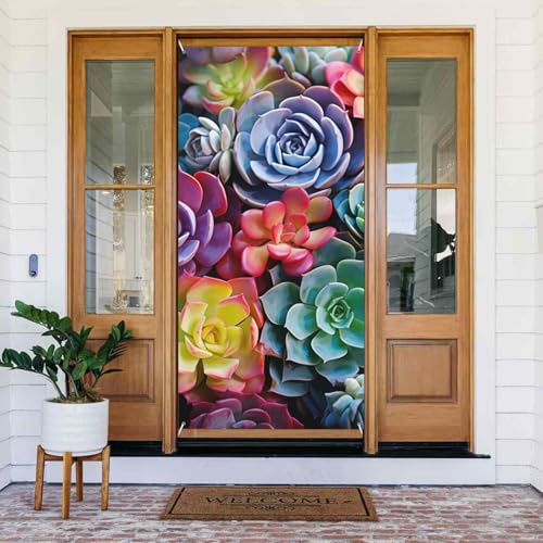 Banner de bienvenida para puerta, cortinas opacas para puerta, decoración de ventana, cortinas de ventana coloridas, suculentas, letrero de porche de temporada, fondo de fotos, pancarta para colgar en