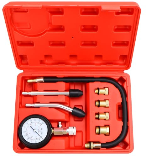 LPZMPZ Kompressionstester Kompressionsprüfer, Kompression Tester Kit, Kompressionsmesser Benzin 0-20 bar & 0-300 psi, Kompressionsmessgerät für KFZ Motorrad LKW Auto M10 M12 M14 M18 (Rot)