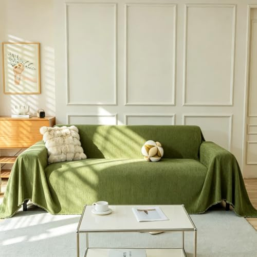 TAOTAOGO Sofaüberzug für 2/3 Sitzer, L-förmige Ecksofas, Fischgrätmuster Einfarbige Chenille Sofa Überwurfdecke, Waschbar Sofaüberwurf, Couchüberzug mit Quasten B Grün 230x380cm