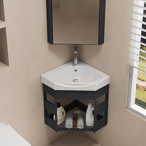 Mobile bagno angolare con lavabo e rubinetto, design salvaspazio a parete, mobile angolare nero per piccoli bagni, 96,5 x 96,5 cm, set lavabo multiuso