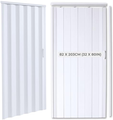 PVC Folding Door with White Wood Effect 82 x 203cm (32 x 80in) – Magnetic Closure & Easy-Grip Handle – Space-Saving Internal Concertina Door Foldable – Plastic Foldable Sliding Accordion Panels