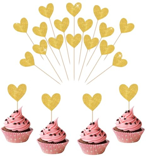 Gold Glitzer Herz Cupcake Topper 40 Stück Valentinstag Tortendeko Herzen Romantische Kuchendekoration für Hochzeit, Jubiläum, Muffins, Gebäck & Obstplatten