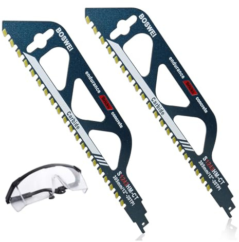 BRIOTA Lot de 2 lames de scie sabre pour bois et pierre, scie à béton, 300 mm, en métal dur, pour béton cellulaire, brique, bois, maçonnerie, avec lunettes de protection