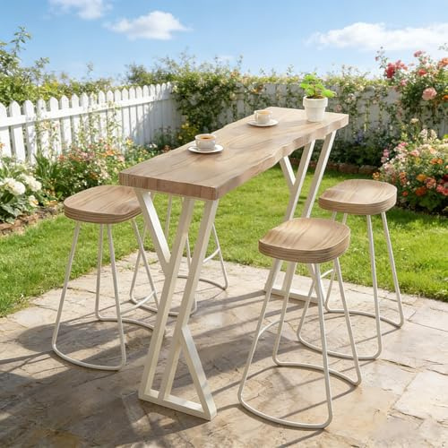 Industriella Smala Bartabeller, Massivt Trä Bartabellhöjd Disk, Metallram Hög Topp Bord, Inga Hocker, För, Cafés, Restauranger, Balkonger(Beige,160x45x105cm/63x18x41in)