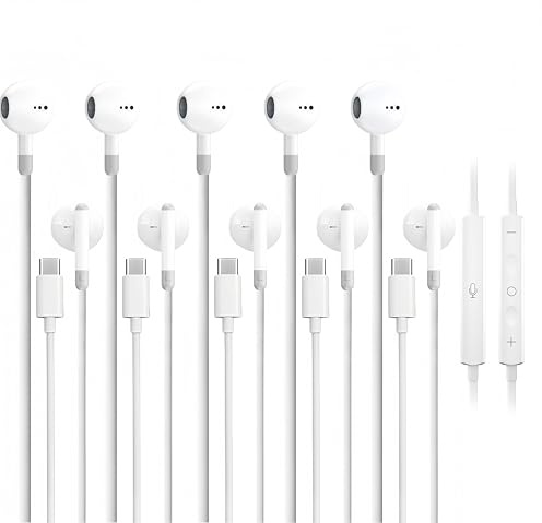 Paquete de 5 auriculares USB C mejorados para iPhone 17/16/15 Pro Max iPad Plus TypeC con micrófono control de volumen USB C auriculares con cable USB tipo C para Samsung S26/S25 (1.2 m/4 pies)