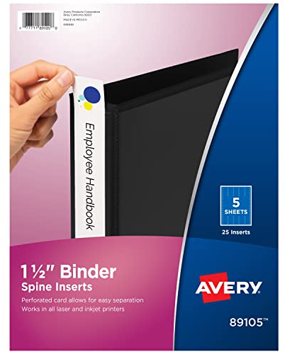 Avery Binder Spine Inserts, for 1-1/2 Inch Ring Binders Containing 2.1 Spine Width, 25 Cardstock Inserts (89105)