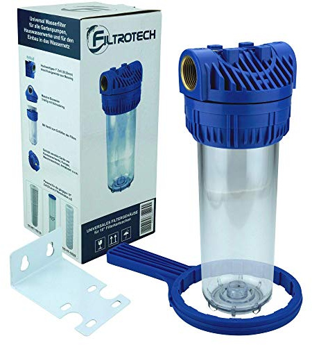 FILTROTECH Filtergehäuse 10 Zoll, Anschluss 1 Zoll IG, ohne Filtereinsatz | Messing-Innengewinde, transparenter Filtertopf, Entlüftungsschraube, bis 6.000 l/h, max. 10 bar, Schlüssel und Wandhalter