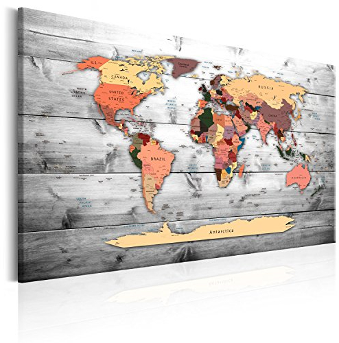 B&D XXL - Wandbilder XXL 120x80 cm 1 tlg - Wand Deko Vlies Leinwand Bilder Groß Wanddeko Wohnzimmer Schlafzimmer Kunstdrucke - Poster Weltkarte Kontinente Welt Karte Holz k-B-0009-b-c