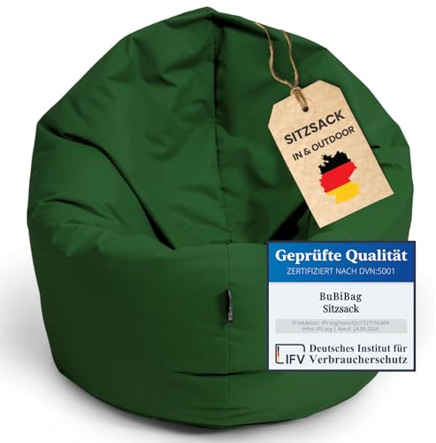 BuBiBag 2in1 Sitzsack L - XXL mit Füllung für Kinder & Erwachsene, Gaming Beanbag & Bodenkissen für Indoor & Outdoor Sessel Pflegeleicht & Wasserabweisend L BIS 12 Jahre (Ø 110 cm Dunkelgrün)