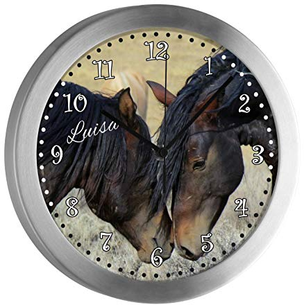 CreaDesign, Analoge Kinderzimmer Funkuhr mit (Wunsch) Name personalisiert, Kinder Wanduhr geräuscharm mit Aluminium-Rahmen Silber, Motiv Paint Horses, Durchmesser 25 cm