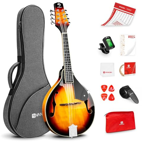 Vangoa Mandolinen-Musikinstrument im A-Stil, akustisches Mandolinen-Instrumenten-Set, italienisch, 8 Saiten, für professionelle Anfänger, Erwachsene, Teenager, Jugendliche, Kinder, Sunburst, glänzend