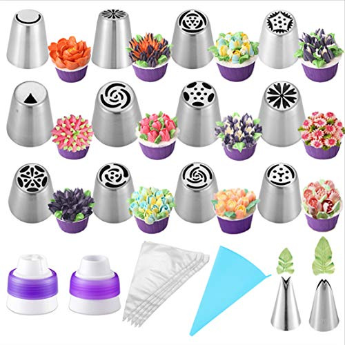 Aivoya 27-Pcs Russian Piping Tips Cake Decorating Supplies DIY Baking Supplies Set for Cupcake Cookies Birthday Party-12 Russian Nozzle 2 Leaf Piping Tips 2 Coverter 1 Pastry