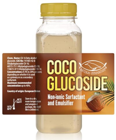 Coco Glucoside - tensioattivo ed emulsionante non ionico - Gel - 250 g - Per formulazioni e cura della pelle fai da te - Gel doccia, schiume, sapone per il corpo, shampoo, detergenti per il viso