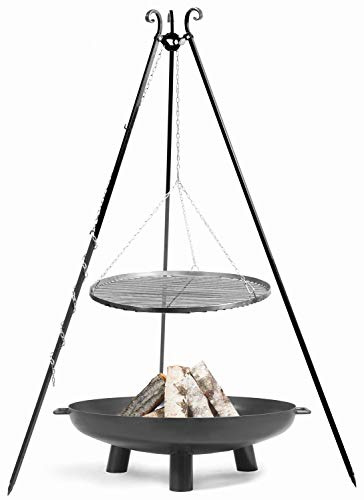Set: Dreibein H 180 cm mit Grillrost Ø 80 cm Edelstahl + Feuerschale Bali Ø 100 cm Schwenkgrill CookKing