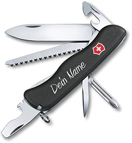 Taschenmesser Trailmaster mit Wunsch Druck auf der Schale I Geschenk für Männer Frauen I zum Geburtstag I Schweizer Taschenmesser personalisiert mit 12 Funktionen 0.8463 (schwarz)