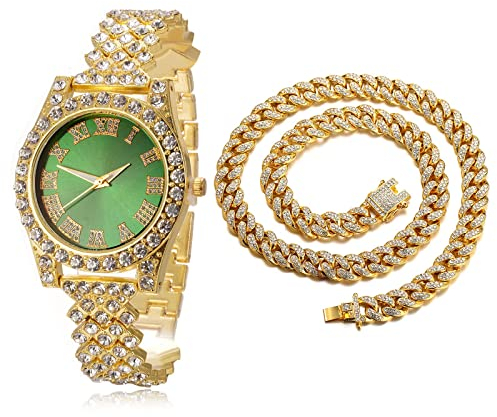 Halukakah Diamanten Gold Uhr, Damen 18K Echtes Gold Plattiert 36MM Breite Grün Zifferblatt Quarz Armband 20cm mit Kubanischer Kette 40cm Nacklace,Kostenlose Geschenkbox