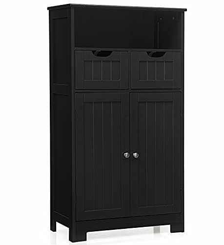 GIANTEX Armoire de salle de bain, buffet, armoire d'appoint en bois, avec tiroirs, partie d'armoire et étagère ouverte, étagère réglable, armoire de rangement pour le salon (noir)