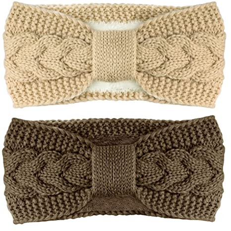 Telgoner Stirnband Damen Winter, 2 Pcs Stirnbänder Strick, Haarband Ohrenwärmer Elastische, Haarbänder Verdicken Headwrap Kopfband für Damen/Frauen/Mädchen (Beige + Khaki)
