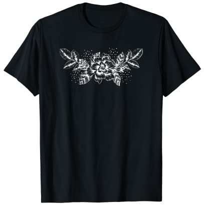 White Line Drawn Shrub Rose Illustration Floral Design T-Shirt