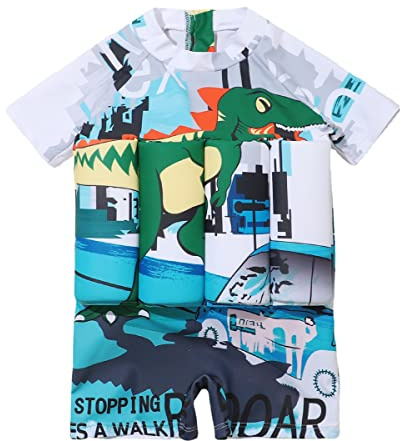 Maillot de Bain Flottant Une Pièce pour Bébé Garçon Filles Combinaison Flottante à Flottabilité Réglable Natation Débutant à Manches Courtes Combinaison de Surf Rash Guard Blanc + Vert 2-3 Ans