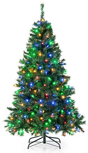 COSTWAY Albero di Natale 180/210cm, Albero di Natale Incernierato con 260/350 Luci LED Incorporate Multi-Color, 666/1006 Rami, Base Pieghevole, Decorazione Natalizia per Casa e Negozio (210 cm)
