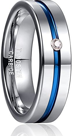 Phyoino Silber Wolfram Ringe mit Blau Groove Center und Zirkon Inlay 6mm Polished Ringe fur Herren Damen Eheringe Größe 60(19,1)