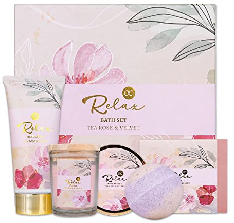 accentra Set da bagno e cura RELAX in bella confezione regalo, 5 pezzi Wellness – Set regalo per donne include burro per il corpo, sapone, crema per le mani, bomba da bagno e candela profumata