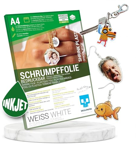 SKULLPAPER® Krympfolie – tryckbar, skrivbar, målad, stämpelbar för individuella smycken och mer (A4–10 ark) (vit)
