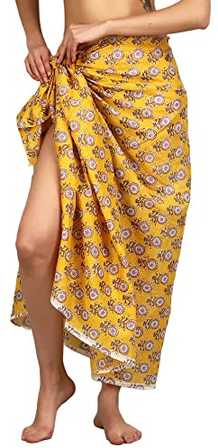 Arayna Women's Long Sarong Beach Wrap Cover Up Pure Cotton Printed Swimsuit Bikini Pareo Swimwear Dress - Free Size Marigold Yellow