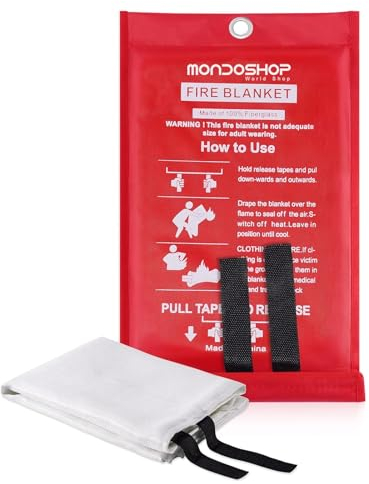 Mondoshop Fire Blanket for Kitchen, 1 x 1m TUV Certified Quick Unfolding with Loops Fiberglass Flame Retardant Large Fire Blankets Emergency Survival Safety Blanket for Home, Office, Caravan, 1Pack