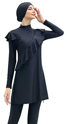 IMEKIS Damen 3tlg Modest Bademode Muslimischen Badebekleidung Islamischen Arabischen Badeanzug Langarm Tankini mit Hijab voller Abdeckung Burkini Schwimmanzug Schwarz M