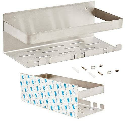 TOMAPLUS Mensola Doccia Senza Foratura e Possibilità di Fissaggio Con Viti - Portaoggetti Bagno in Acciaio Inox, 23x8,5x10cm