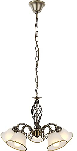 Hängeleuchte Hängelampe Kronleuchter Glasleuchte Esszimmer Lampe Altmessing, Metall Glas, 5 flammig, 5x E27 Fassungen, DxH 60x120 cm