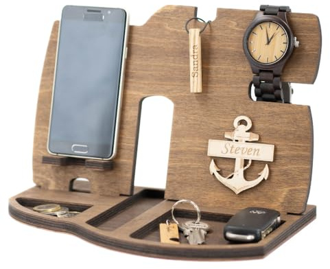 Regalo di Natale per Lui Docking Station per Telefono Personalizzata Svuotatasche in Legno Organizzatore da Scrivania Comodino per Uomo Papà Fidanzato Marito Regalo Personalizzato (Marrone Quercia)