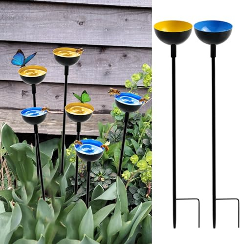 WSBXBB 2 Pack Bee Cups For Garden, Bee Waterer And Butterfly Water Stations, Metal Garden Sculpture Stakes Decor, Blue & Yellow