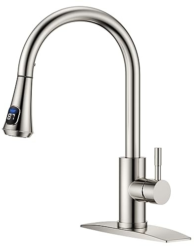 FORIOUS LED Kitchen Faucet with Pull Down Sprayer, Brushed Nickel, Single Handle Modern Stainless Steel Sink Faucet with Temperature Digital Display, Suitable for Farmhouse Camper Rv Bar