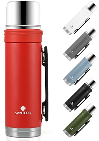 SANTECO Thermoskanne 1L - Thermoskanne mit Trinkbecher für unterwegs - Thermosflasche Edelstahl mit griff - Auslaufsicher Isolierflasche Kaffee & Tee - BPA Frei, für Heiß und Kalt