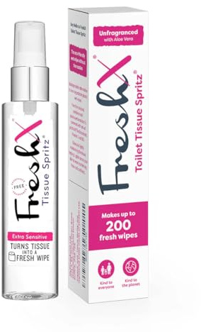FreshX Toilet Paper Spray | Soothes with Aloe Vera & Vitamin E | Turns Loo Roll into 200 Flushable Moist Wipes | Better Than Gel | Septic Safe | Eco Wet Wipe Alternative | Travel Essential